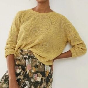 Anthropologie Keely Cable Open Knit Crewneck Yellow Jaune Wool Cotton Size MP